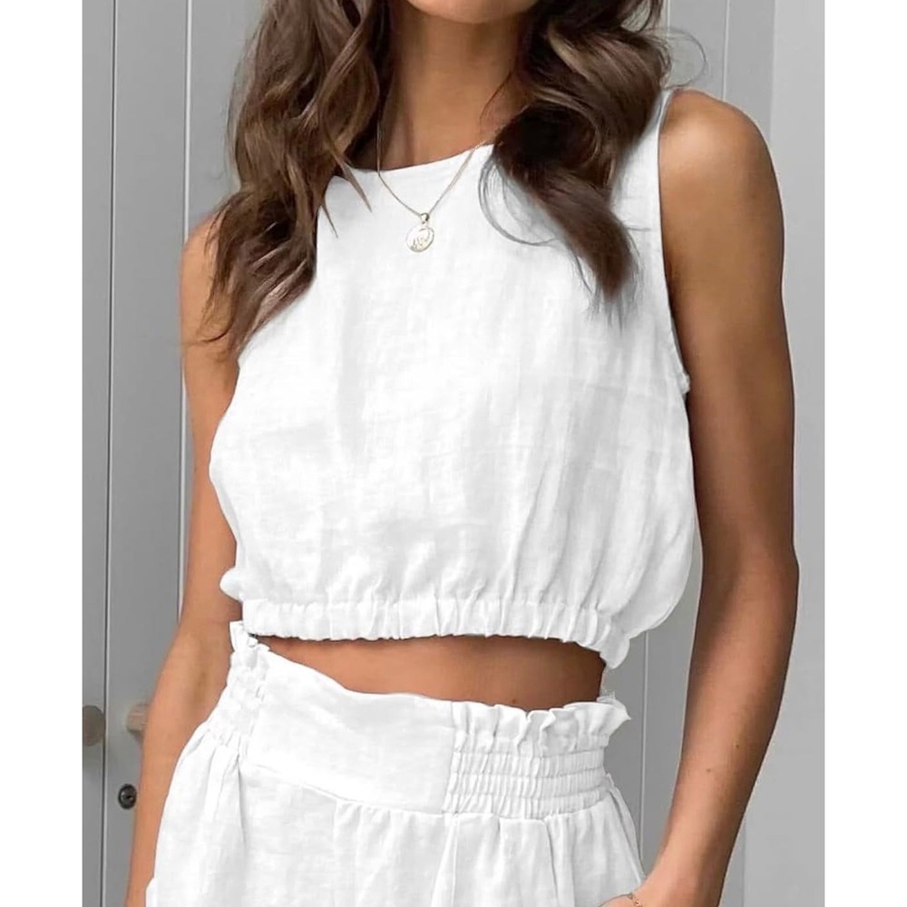 NWT Womens Crop Linen Tank Top White Sleeveless Boat Neck Summer Beach Blouse Md - Picture 2 of 8